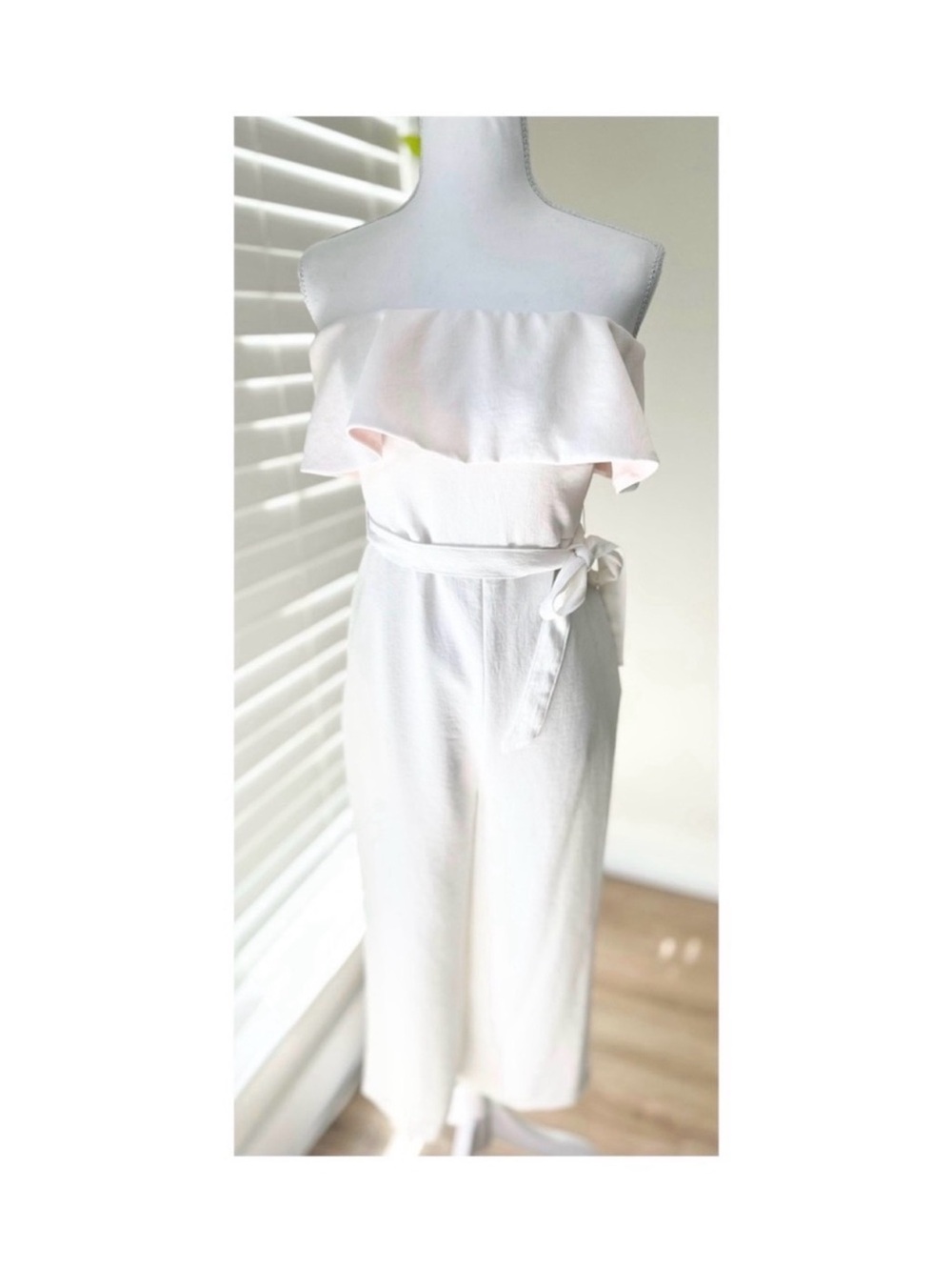 Babaton Strapless White Ruffle Jumpsuit with Waist Tie